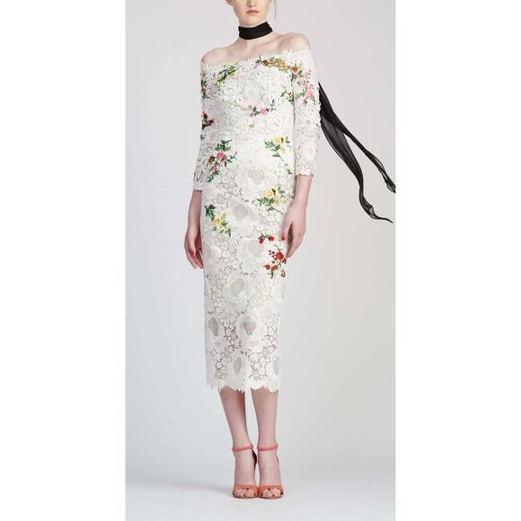 Monique Lhuillier Guipure Lace & Embroidered Midi Dress - Picture 1 of 10